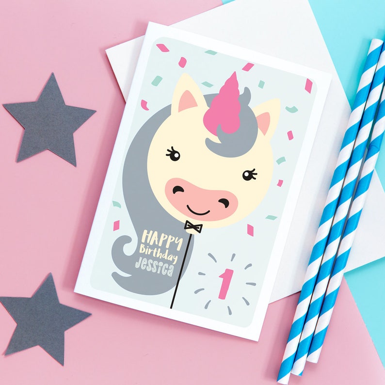 Unicorn 1st birthday card / 1st birthday card girl / girls birthday card / 1st birthday / any age birthday card / 1st birthday Niece image 2