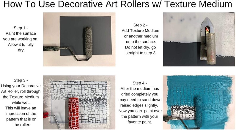 May include: A four-step guide on how to use decorative art rollers with texture medium. The steps are illustrated with images of a roller being used on a surface. The steps include painting the surface, adding texture medium, rolling the roller through the medium, and sanding down raised edges.