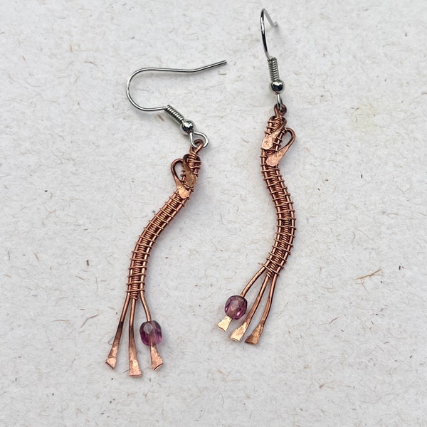 Hammered Copper Dangles with Lavender Drops, Curved Wire Wrap Bar Jewelry, 7th Anniversary, Artsy Boho Chic, Sleek Modern Earrings