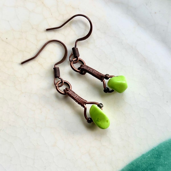 Howlite Bar Earrings, Wirewrapped Copper Beaded Earrings, Green Stone Dangles, Boho Copper Jewelry, Mothers Day, Spring Green Drops