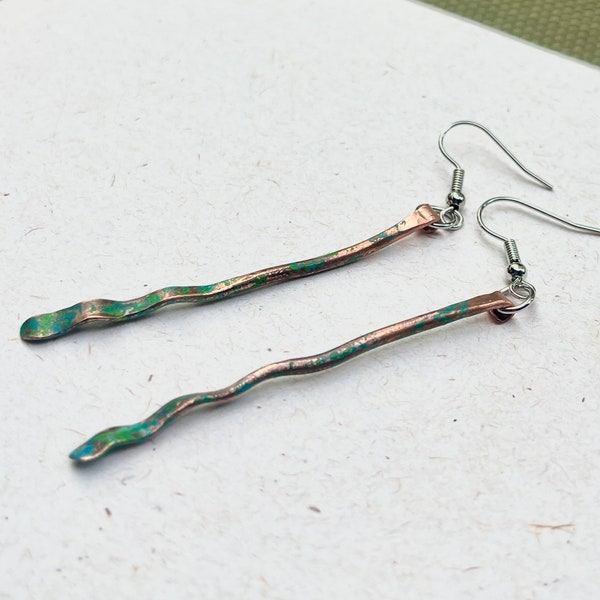 Blue-Green Copper Patina Dangles, Wave Earrings, Hammered Metal Jewelry, Minimalist, Earrings for Artists