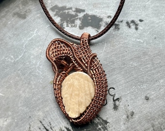 River Stone Jasper Necklace - Leaf Pendant - Jasper Pendant - Carved Leaf Pendant - Wirewrapped Copper Jewelry