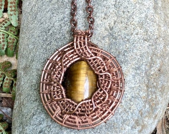 Tigereye Pendant in Rustic Copper, Mothers Day Gift, Wirewrapped Medallion Style Necklace in Antiqued Copper, Gemstone Tigers Eye Jewelry