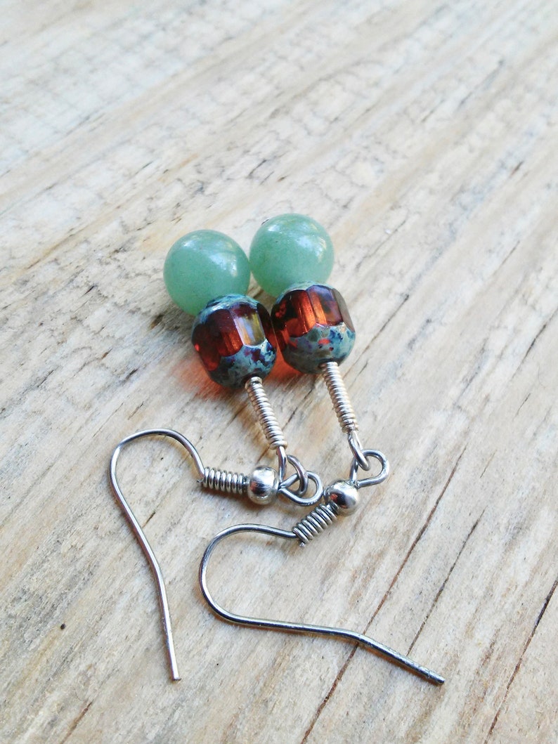 Aventurine Dangle Earrings Lampworked Glass Bead Jewelry Gemstone Earrings Jewelry Under 25