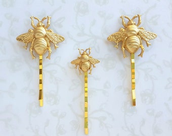 Gold Brass Bumble Bee Bobby Pins in Two Sizes - Hair Pin Woodland Boho Wedding Bridal Hair - Sweet As Honey, Queen Bee, Bees Knees