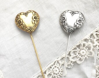 Heart Stick Pin / Lapel Pin, 2 Finishes Available; Silver, Antiqued Gold. Valentines Day, Love, Floral, Vintage Inspired, Garden Wedding