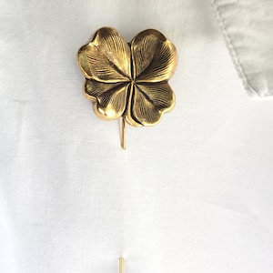 Gold Four Leaf Clover Stick Pin, Lapel Pin, Irish, St. Patrick&#39;s Day, Lucky, 24k Gold Plated Brass, Woodland Garden Accessory, Wedding
