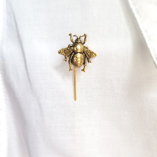 Bee Stick Pin, 24k Gold Plated Lapel Pin, Woodland Garden Accessory, Bumble Bee, Wedding, Queen Bee, Hat Pin, Beekeeper - Bee Mine Valentine