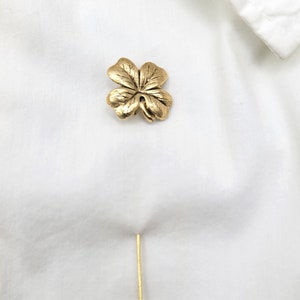 Gold Four Leaf Clover Stick Pin, Irish Lapel Pin, St. Patrick&#39;s Day, Lucky, 24k Gold Plated Brass, Woodland Garden Accessory, Wedding, Small