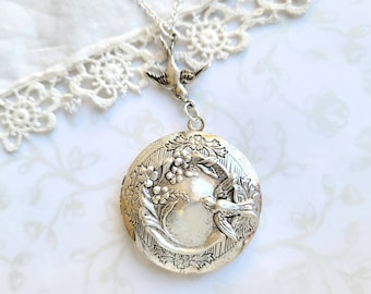 Floral Bird Locket, Silver Plated Garden Photo Locket, Birds, Flying, Garden, Fly, Vintage Inspired, Hidden Message, Summer, Mothers Day