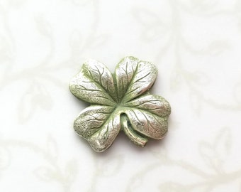 Green Four Leaf Clover Lapel Pin, Lucky, Green Patina on Silver, St. Patrick's Day, Irish, Shamrock, Woodland, Brooch, Nature Garden