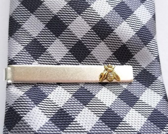 Tiny Gold Bee on Silver Tie Clip, Mixed Metal Thin Tie Bar, Father's Day, Rustic, Woodland, Nature, Garden, Skinny Tie, Wedding Party, Groom