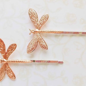Dragonfly Bobby Pins, Rose Gold Set of 2, Woodland, Garden Wedding, Summer, Spring, Nature, Boho, Mother&#39;s Day, Bridal Hair, Bridesmaids