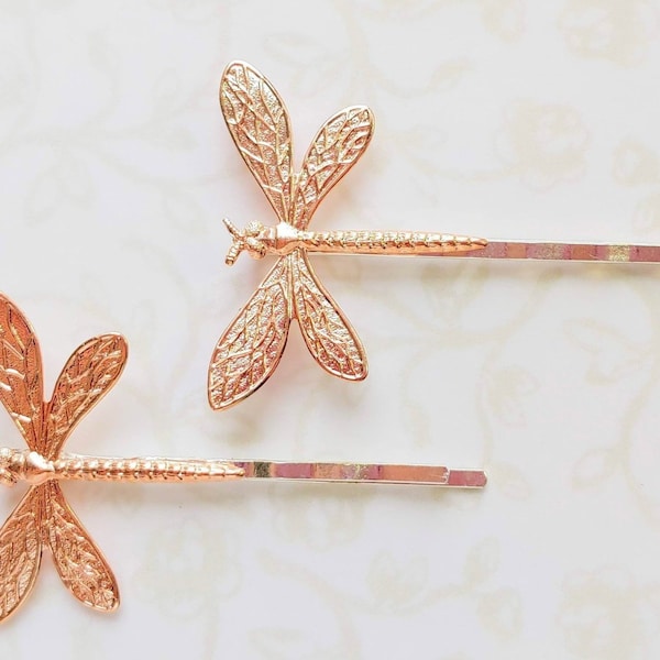 Dragonfly Bobby Pins, Rose Gold Set of 2, Woodland, Garden Wedding, Summer, Spring, Nature, Boho, Mother's Day, Bridal Hair, Bridesmaids