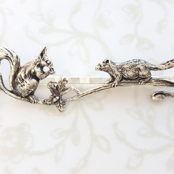 Silver Squirrel and Acorn Hair Pin, Oak Tree Branch, Fall Bobby Pin, Woodland, Rustic, Autumn Bobby Pin Vintage Bridal Hair, Forest