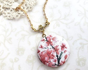 Pink Cherry Blossom Locket, Spring, Summer Pendant, Garden Wedding, Gardener, Mothers Day, Layering Necklace