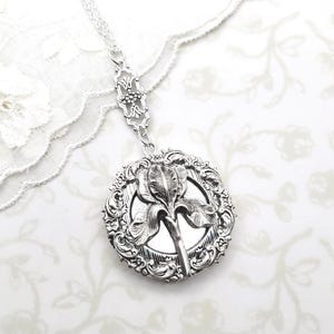 Silver Iris Floral Locket With Wreath, Garden, Woodland, Flowers, Gardener, Photo Locket, Hidden Message, Secret Garden