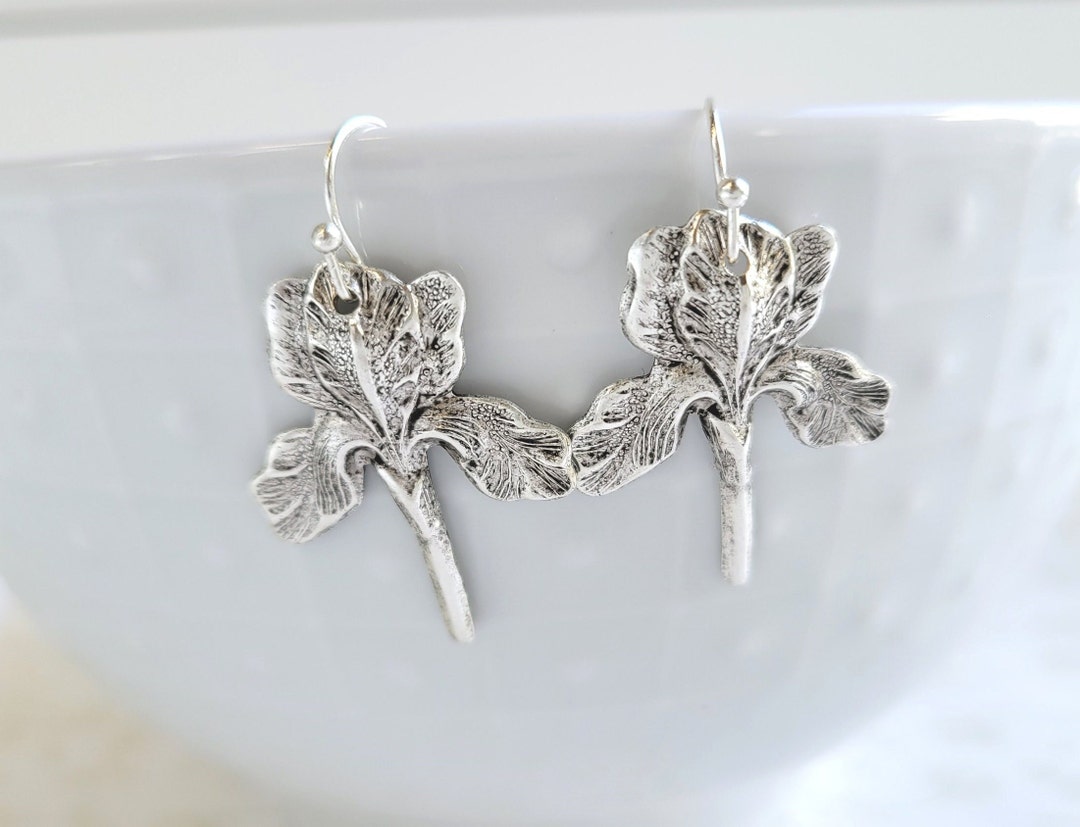 Silver Iris Flower Earrings Woodland, Rustic Boho, Nature, Garden