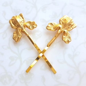 Floral Iris Gold Brass Bobby Pins, Floral Hair Pins, Garden Wedding Flowers, Rustic, Boho, Woodland, Nature