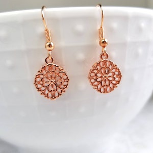Rose Gold Round Lace Earrings, Delicate, Small, Floral, Flower, Wedding, Bridesmaids, Bride, Spring, Summer Accessory, Copper