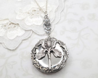 Silver Iris Floral Locket With Wreath, Garden, Woodland, Flowers, Gardener, Photo Locket, Hidden Message, Secret Garden