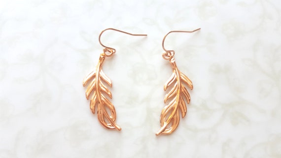 Sale Rose Gold Feather Dangle Earrings Leaves Woodland Etsy