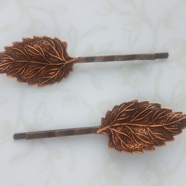 CLEARANCE - Copper Leaf Bobby Pins, Set of Two Hair Pins, Woodland Rustic Nature Garden Wedding Hair Bridal Leaves, Fall