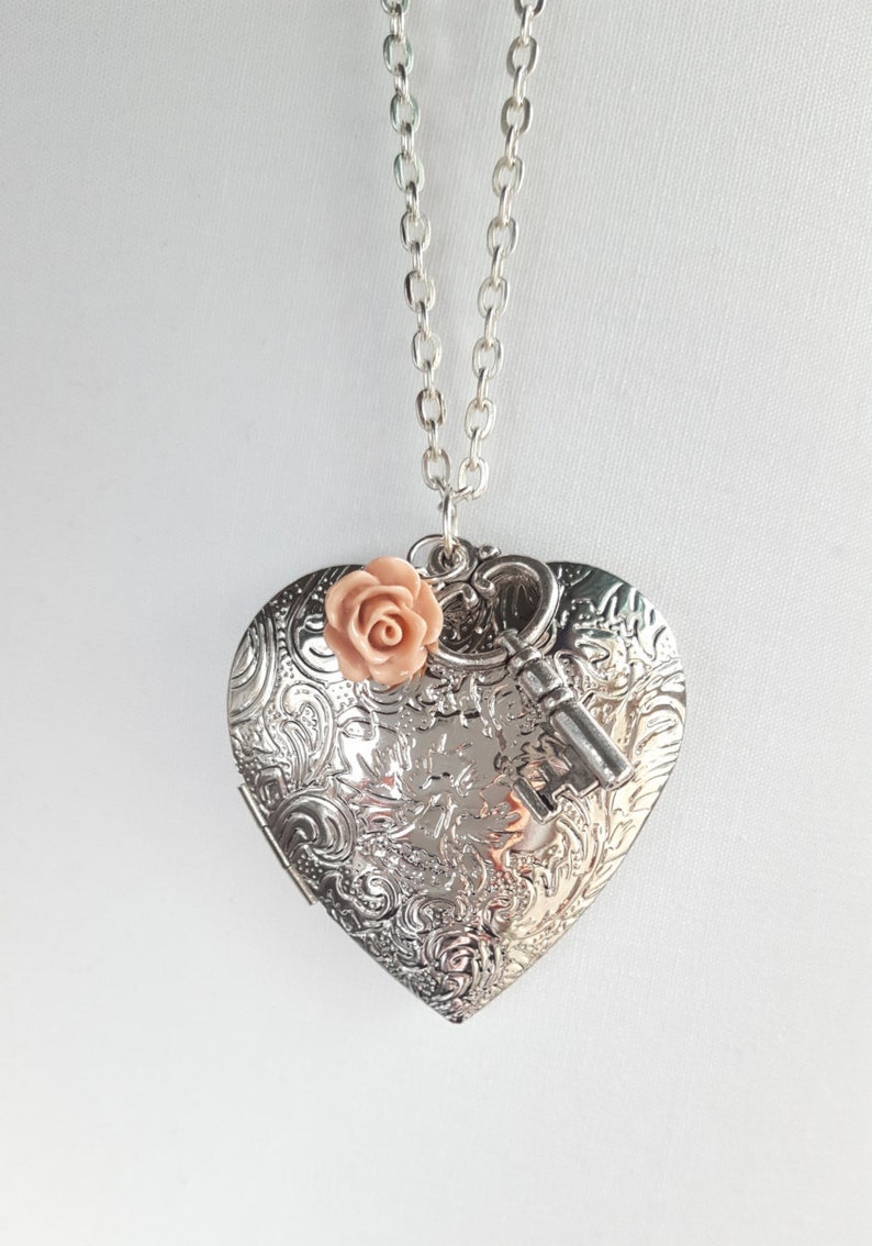 Large Silver Heart Locket Necklace With Tiny Rose and Key Etsy