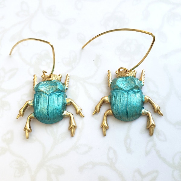 Aqua Blue Hand Painted Scarab Earrings - Raw Brass, Lightweight, Dangle, Insect, Woodland, Boho, Nature, Rustic, Summer Nights