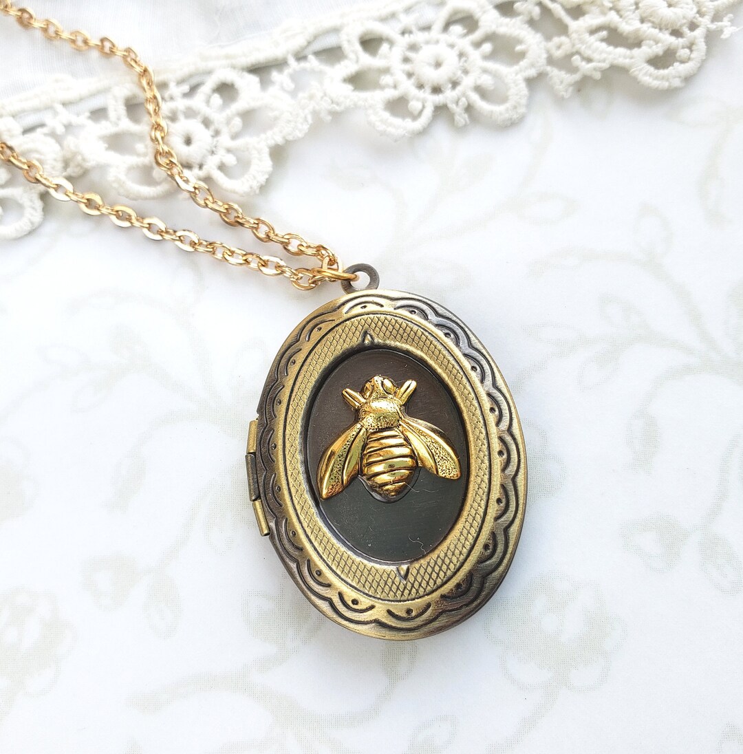 Honey Bee Locket Antiqued Gold Brass, Vintage Inspired Bumble Bee ...