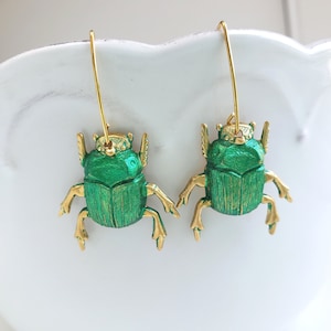 Green Raw Brass Scarab Beetle Earrings - Hand-painted, Lightweight, Insect, Dangle, Woodland, Boho, Nature, Rustic, Summer