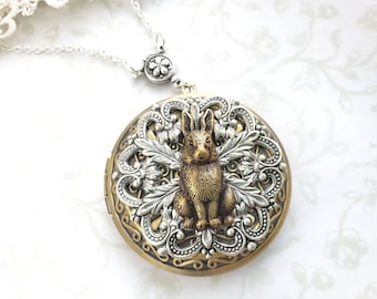 Large Rabbit Locket, Spring Necklace, Vintage Inspired, Velveteen Rabbit, Alice in Wonderland, Lucky, Photo, Hidden Message, Bunny