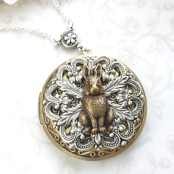 Large Rabbit Locket, Spring Necklace, Vintage Inspired, Velveteen Rabbit, Alice in Wonderland, Lucky, Photo, Hidden Message, Bunny