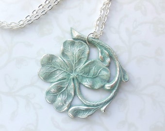 Four Leaf Clover Necklace in Turquoise, Silver, Green, Irish Necklace, Shamrock, Lucky St. Patrick's Day, Woodland, Nature, Garden, Wedding