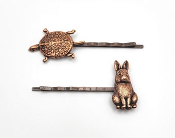 Tortoise & Hare Copper Bobby Pins, Aesop's Fable, Teacher Gift, Librarian, Childhood Story, Easter, Rabbit, Turtle, Spring