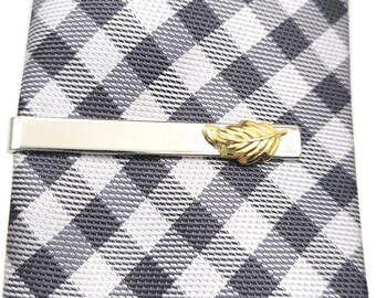 Gold Tiny Leaf on Silver Tie Clip, Tie Bar, Modern, Rustic, Woodland, Nature, Groomsmen, Best man, Wedding, Skinny Tie