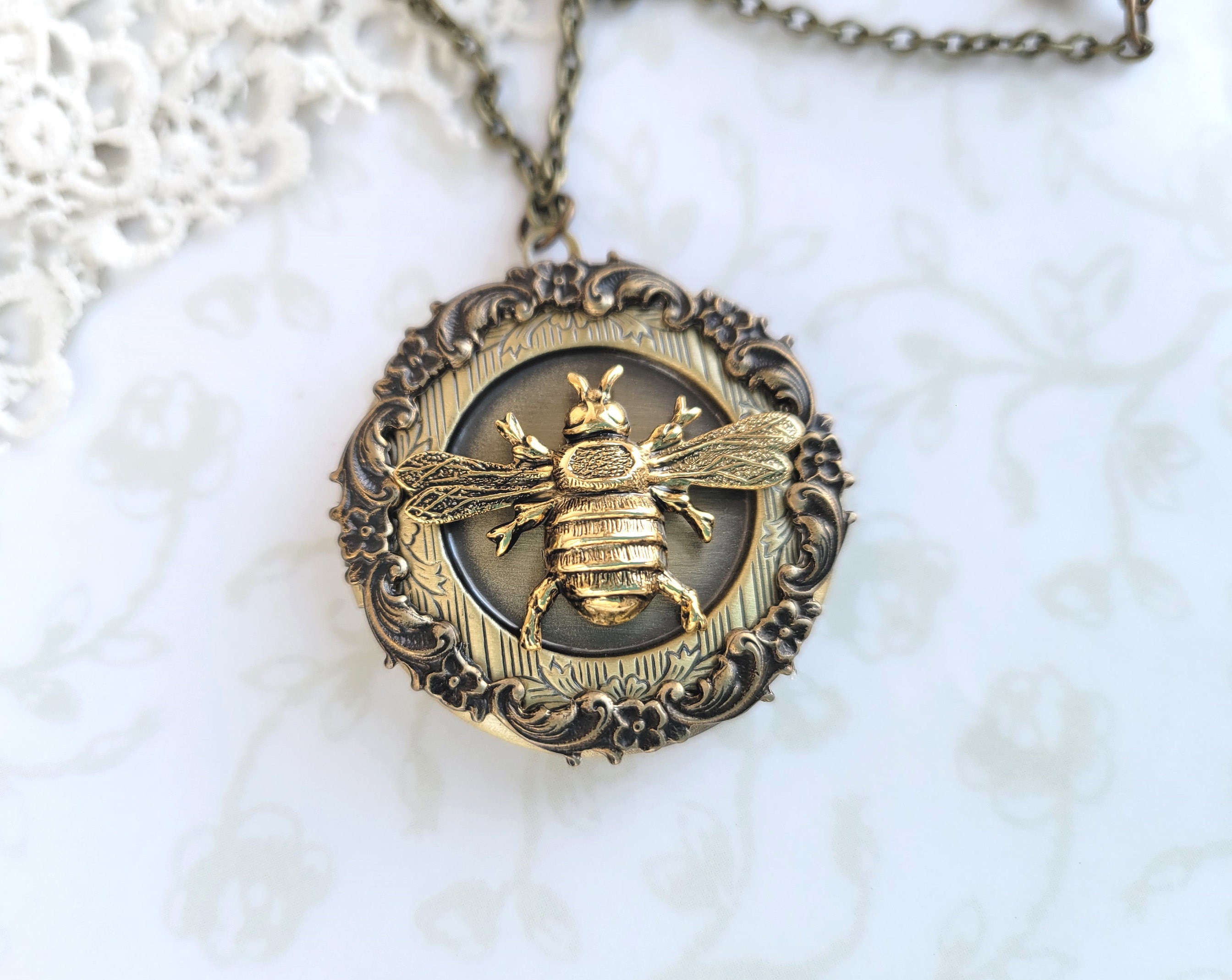 Bumble Bee Locket Antiqued Gold Brass Photo Locket Hidden | Etsy