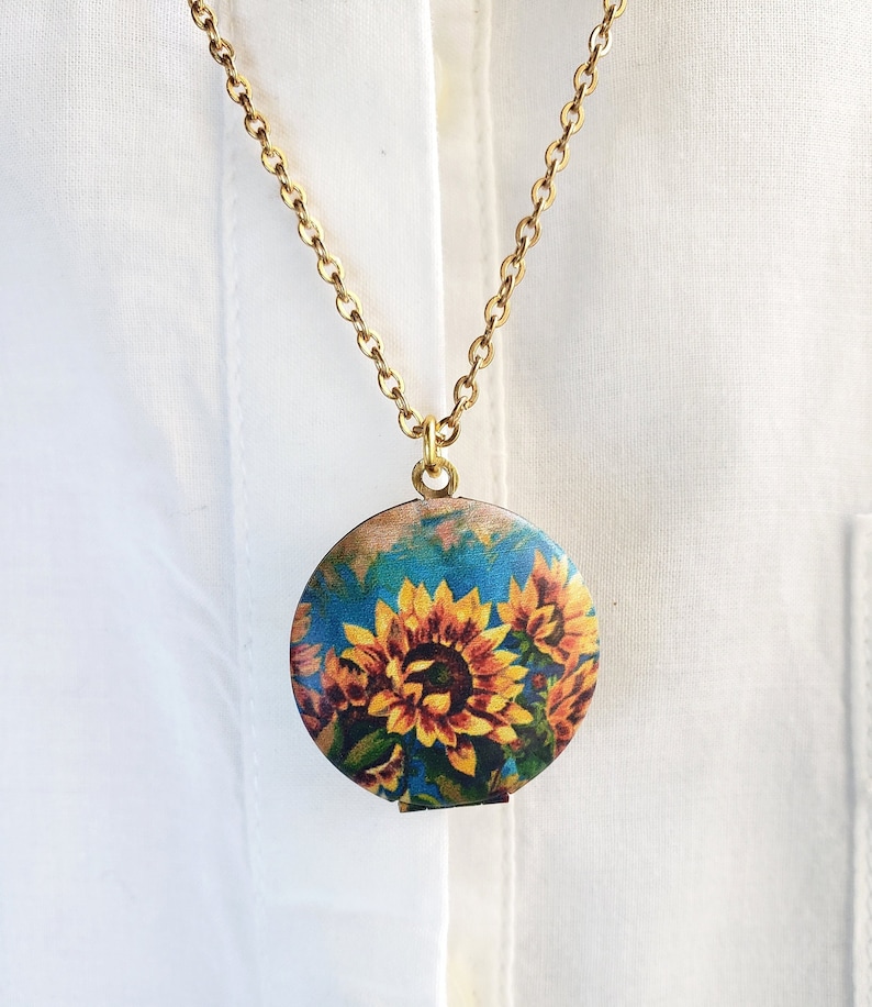 Sunflower Locket Necklace Yellow Blue Gold Flower Garden Etsy