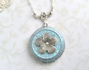 Blue Forget Me Not Locket, Soft Blue Patina on Silver, Garden, Woodland, Friends, Gardener, Photo, Lightweight Stainless Steel