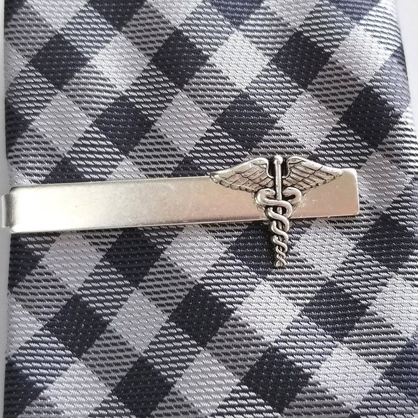 Silver Caduceus Medical Symbol Tie Clip, Tie Bar, Doctor, Nurse, Modern Skinny Tie Width, Professional Men, Medical School Graduation