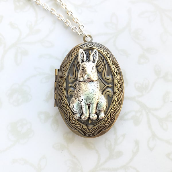 Silver Rabbit Locket on Antiqued Gold Brass, Spring Necklace, Alice in Wonderland, White Rabbit, Lucky, Velveteen Rabbit, Hare, Photo, Bunny