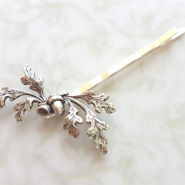 Oak Leaves and Acorn Silver Hair Pin, Bobby Pin, Woodland, Rustic, Garden Wedding Hair Clip, Vintage Bridal Hair, Autumn, Fall, Winter