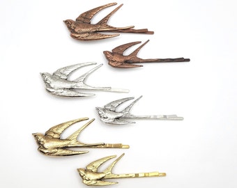 Flying Bird Hair Pins Small and Large - 3 finishes available: Copper, 24k Gold Brass, Silver,  Bobby Pin, Swallow, Lark, Mama and Baby Bird