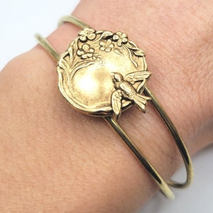 Gold Brass Bird and Flower Cuff Bracelet with Locket, Garden, Woodland, Nature, Bridal,  Mother&#39;s Day, Flying bird, Hidden message