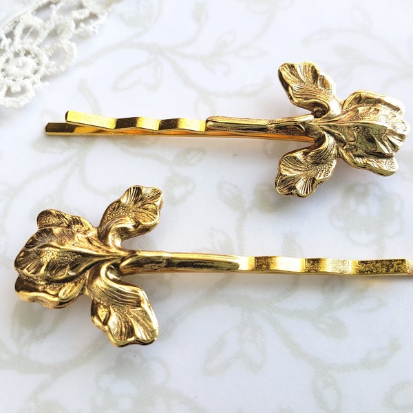 Iris Floral 24k Gold Hair Pins, Bobby Pins, Garden Wedding Flowers, Rustic, Boho, Woodland, Nature, Vintage Inspired, Gardener, Mothers Day