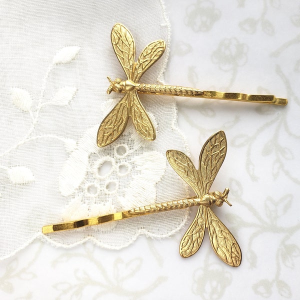 Gold Brass Dragonfly Bobby Pins, Set of 2, Woodland, Garden Wedding, Summer, Spring, Nature, Boho, Mother's Day, Bridal Hair, Bridesmaids