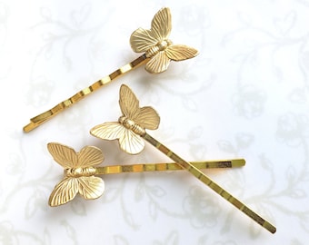 3 Gold Brass Butterfly Bobby Pins, Summer Garden Hair Pins, Spring Wedding Hair, Woodland, Nature, Insect, Flutter, Raw Brass