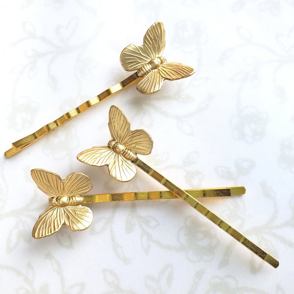 3 Gold Brass Butterfly Bobby Pins, Summer Garden Hair Pins, Spring Wedding Hair, Woodland, Nature, Insect, Flutter, Raw Brass