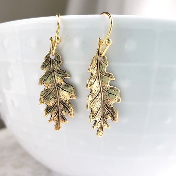 Gold Oak Leaf Earrings, 24k Gold Plated, Woodland, Garden Wedding, Nature, Rustic, Leaves, Bridesmaids, Fall, Forest, Autumn