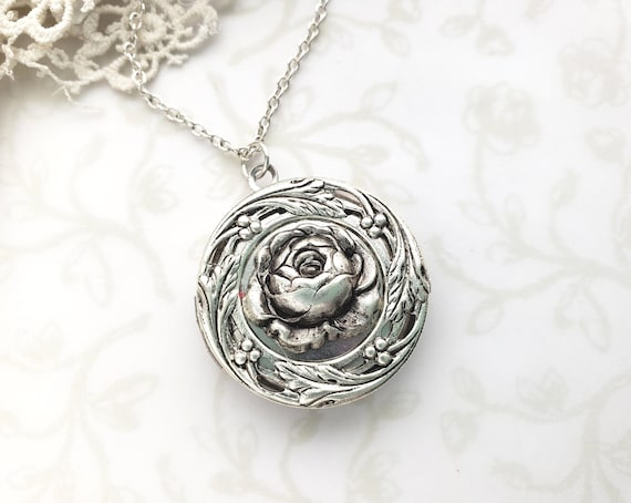 Rose Locket Necklace, Leaves, Wreath, Silver, Beauty and the Beast